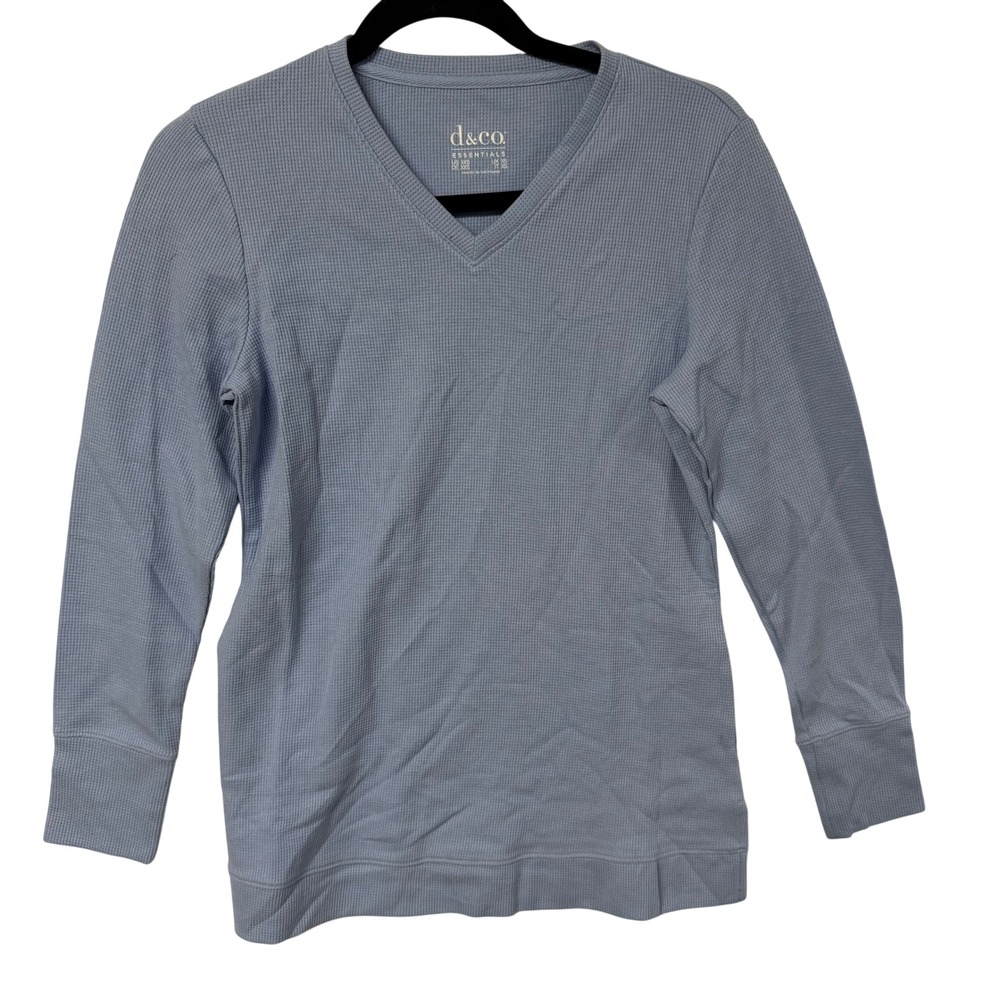 Denim & Co Essentials Womens XXS Blue Waffle Knit V-Neck Long Sleeve Top A702913